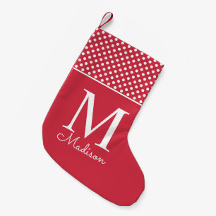 Moderne rote Punkte-Muster-Name-Monogramm Kleiner Weihnachtsstrumpf