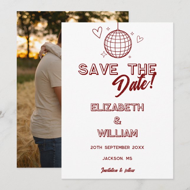 Moderne Rote Retro Disco Foto Hochzeit Save The Date (Vorne/Hinten)