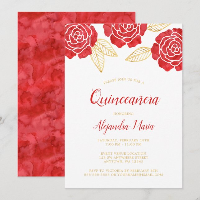 Moderne Rote Rose Einladungen Quinceanera (Vorne/Hinten)