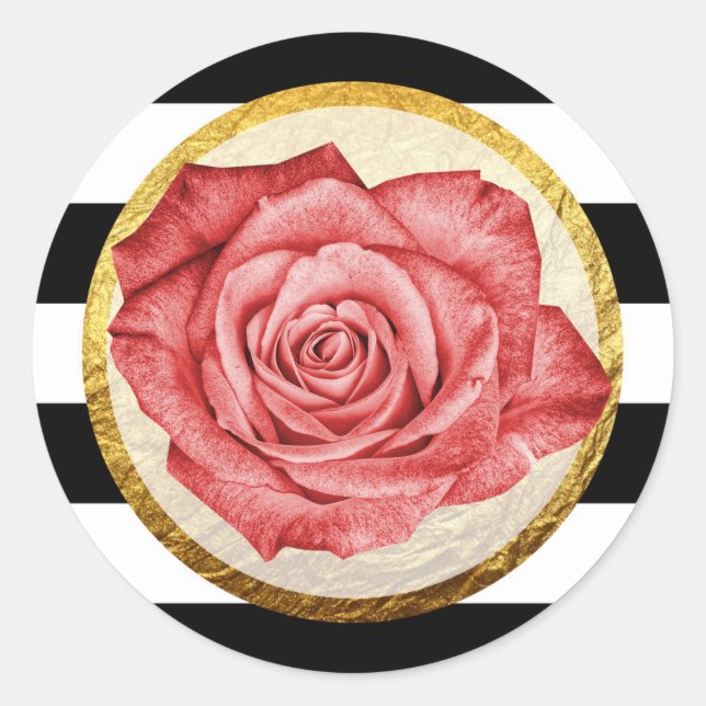 Moderne Rote Rose Imitate Goldfolie gestreift Hoch Runder Aufkleber (Vorderseite)
