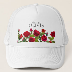 Moderne rote Rose Minimalistischer Name Ich liebe Truckerkappe