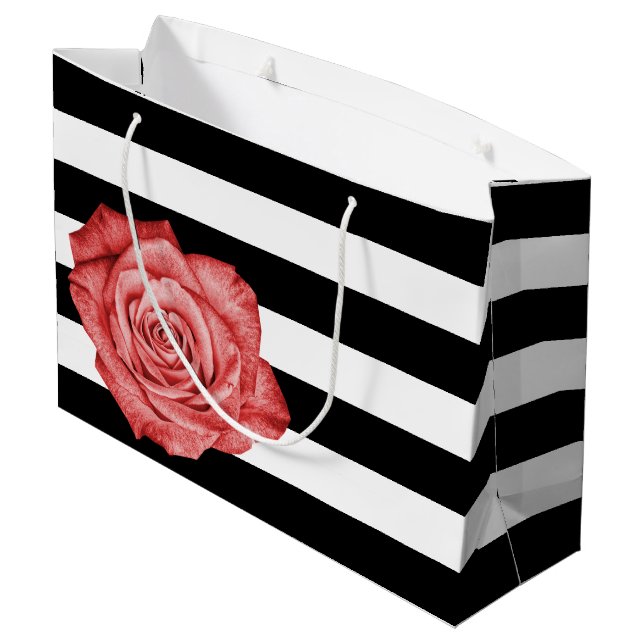 Moderne Rote Rose Schwarz-weiß gestreifte Hochzeit Große Geschenktüte (Rückseite Schrägansicht)