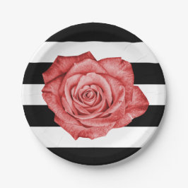 Moderne Rote Rose Schwarz-weiß gestreifte Hochzeit Pappteller