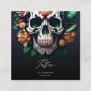 Moderne Rote Rosen Tattoo Artist Skull Green Quadratische Visitenkarte