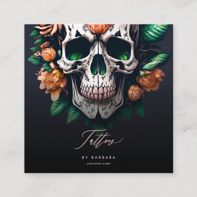 Moderne Rote Rosen Tattoo Artist Skull Green Quadratische Visitenkarte (Vorderseite)