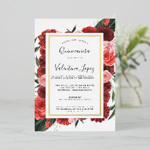 Moderne rote Rosenblüten-Quinceanera in Gold Folieneinladung