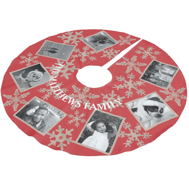 Moderne Rote Rustikale Schneeflocke mit 7 Fotos Polyester Weihnachtsbaumdecke (Schrägansicht)