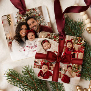 Moderne rote Schleife Mein erstes Weihnachts-Foto- Keramikornament