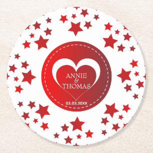 Moderne rote Sterne und Herz Runder Pappuntersetzer