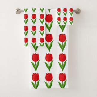 Moderne rote Tulpenblumenmuster auf Weiß Badhandtuch Set