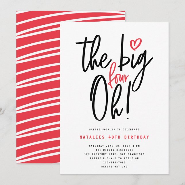 Moderne rote Typografie 40. Geburtstag Party (Vorne/Hinten)