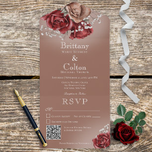 Moderne rote und braune Rosen Floral QR Code All In One Einladung
