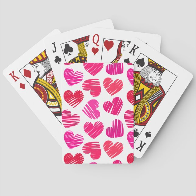 Moderne rote und rosa doodled Hearts Valentine Spielkarten (Rückseite)