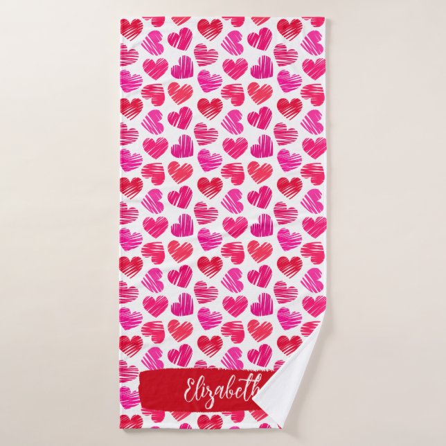 Moderne rote und rosa doodled Herzen Valentine Nam Badehandtuch (Badehandtuch)