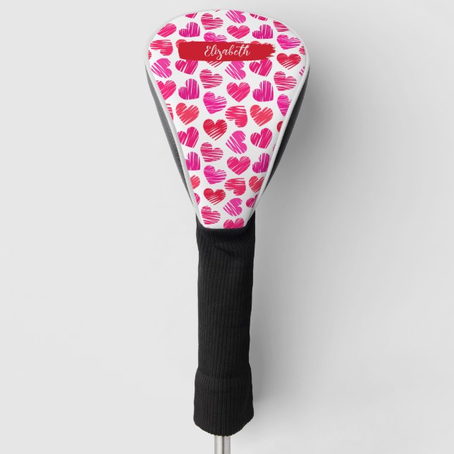 Moderne rote und rosa doodled Herzen Valentine Nam Golf Headcover (Vorderseite)
