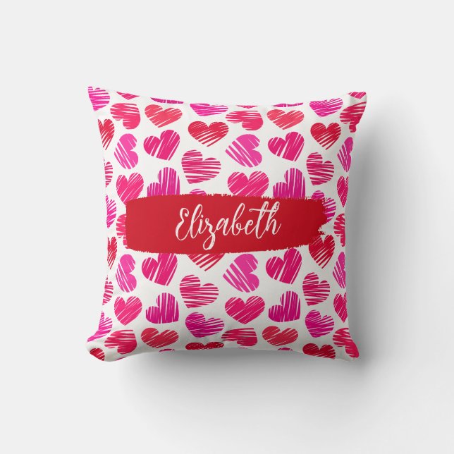 Moderne rote und rosa doodled Herzen Valentine Nam Kissen (Vorderseite)