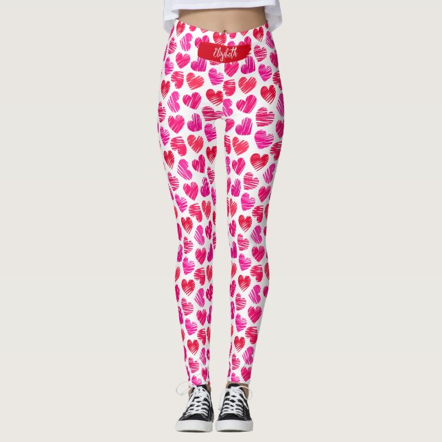 Moderne rote und rosa doodled Herzen Valentine Nam Leggings (Vorderseite)