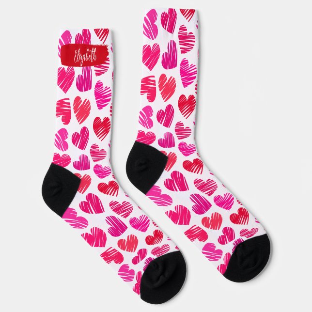 Moderne rote und rosa doodled Herzen Valentine Nam Socken (Rechts)