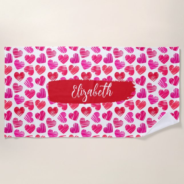 Moderne rote und rosa doodled Herzen Valentine Nam Strandtuch (Vorderseite)