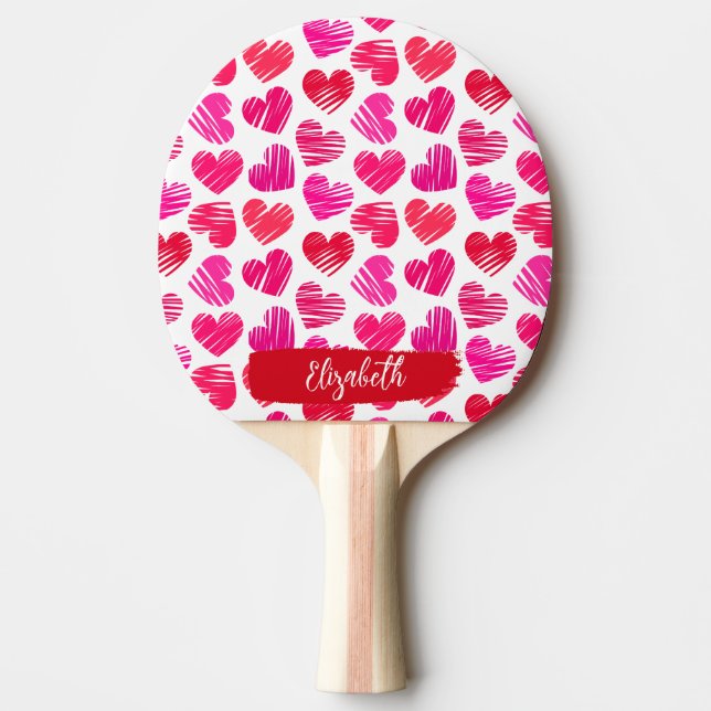 Moderne rote und rosa doodled Herzen Valentine Nam Tischtennis Schläger (Vorderseite)