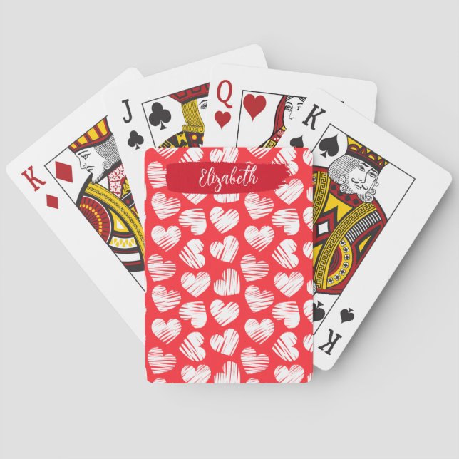 Moderne rote und weiße doodled Herz Valentine Name Spielkarten (Rückseite)