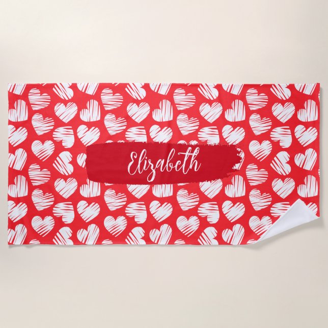 Moderne rote und weiße doodled Herz Valentine Name Strandtuch (Vorderseite)