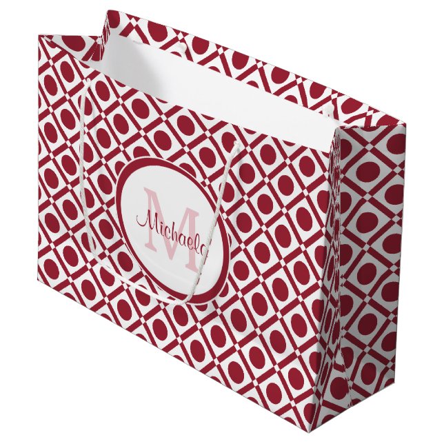 Moderne rote und weiße geometrische Monogramm und  Große Geschenktüte (Vorderseite Schrägansicht)
