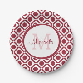 Moderne rote und weiße geometrische Monogramm und  Pappteller