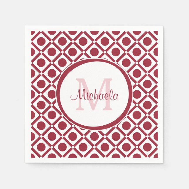 Moderne rote und weiße geometrische Monogramm und  Serviette (Vorderseite)