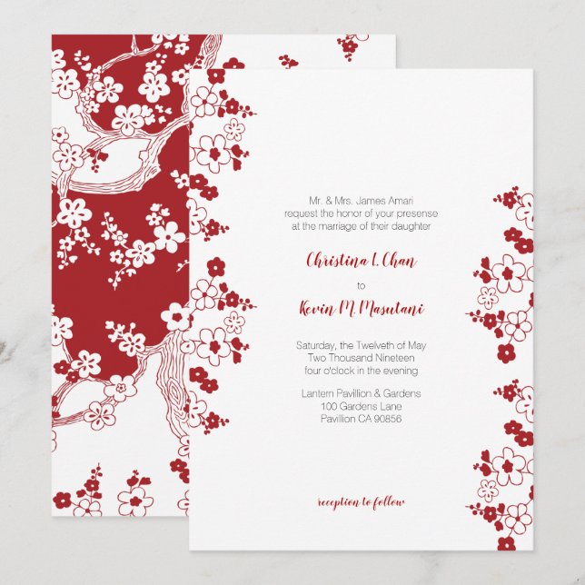 Moderne rote und weiße Kirschblüten-Hochzeit Einladung (Vorne/Hinten)