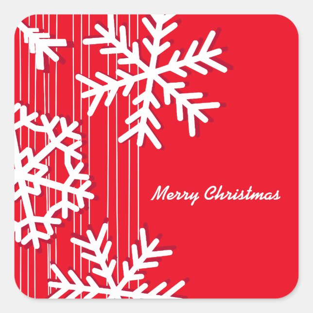 Moderne, rote und weiße Weihnachtsschneeflocken Quadratischer Aufkleber (Vorderseite)