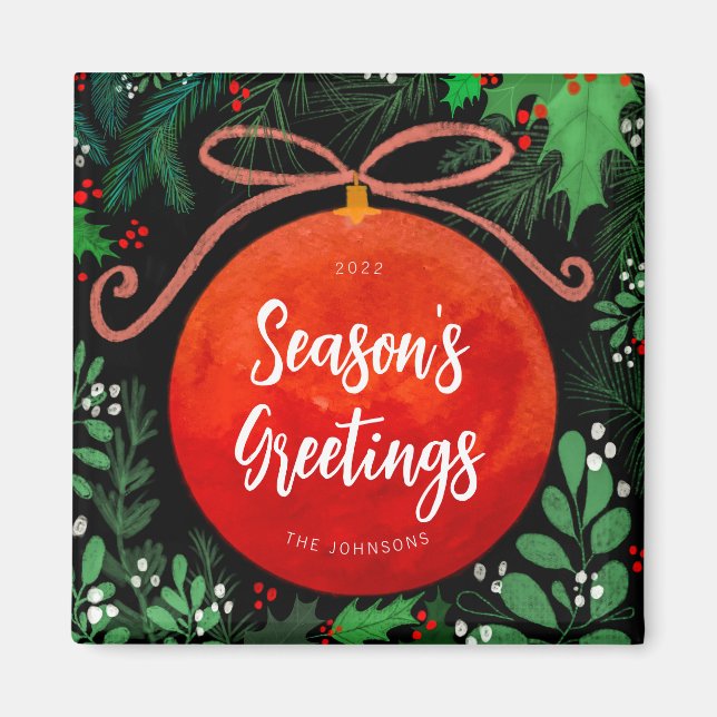 Moderne Rote Weihnachtsballen Ornament Botanisch Magnet (Vorne)