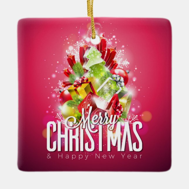 Moderne rote Weihnachtsgrafik Keramikornament (Vorderseite)