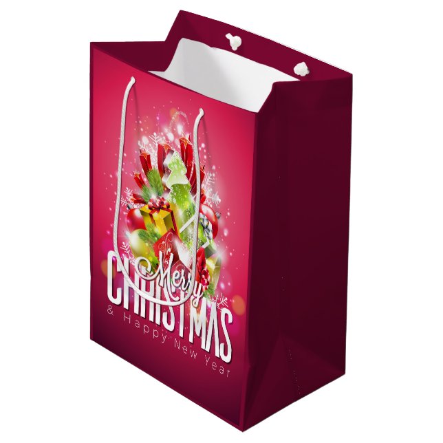 Moderne rote Weihnachtsgrafik Mittlere Geschenktüte (Vorderseite Schrägansicht)