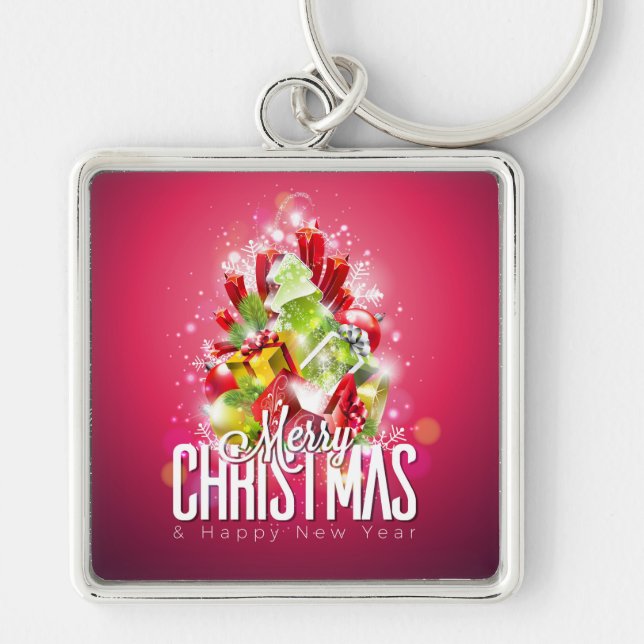 Moderne rote Weihnachtsgrafik Schlüsselanhänger (Vorne)