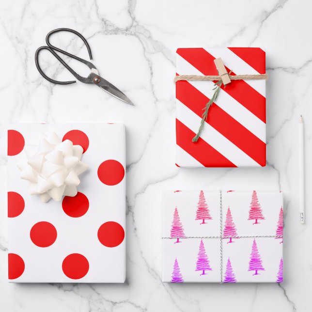 Moderne rote Weihnachtssteine, Streifen und Baum Geschenkpapier Set (Vorderseite)