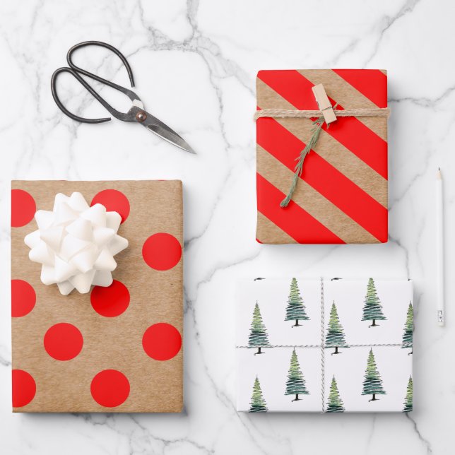 Moderne rote Weihnachtssteine, Streifen und Baum Geschenkpapier Set (Vorderseite)