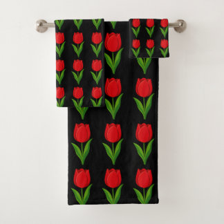 Moderne rotes Tulpen-Blumenmuster auf Schwarz Badhandtuch Set