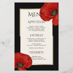 Moderne Rouge Noir Floral 3 Parcours Menu Mariage
