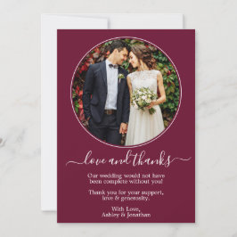 Moderne Round Foto Frame Burgundy Wedding Dankeskarte