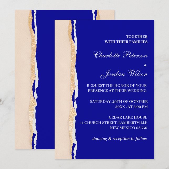 Moderne Royal Blue and Rose Gold Wedding Einladung (Vorne/Hinten)