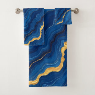 Moderne Royal Blue Gold Marble Collection Badhandtuch Set