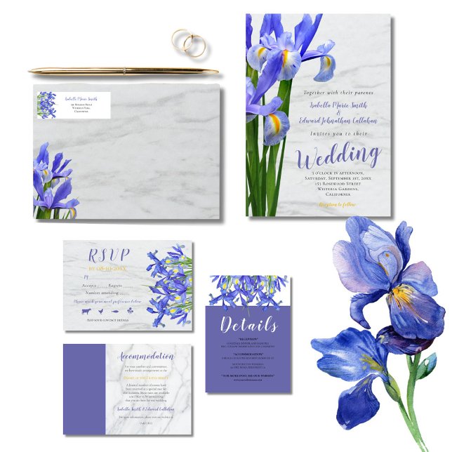 Moderne Royal Blue Iris blorale weiße Punkte Hochz Einladung (Von Creator hochgeladen)