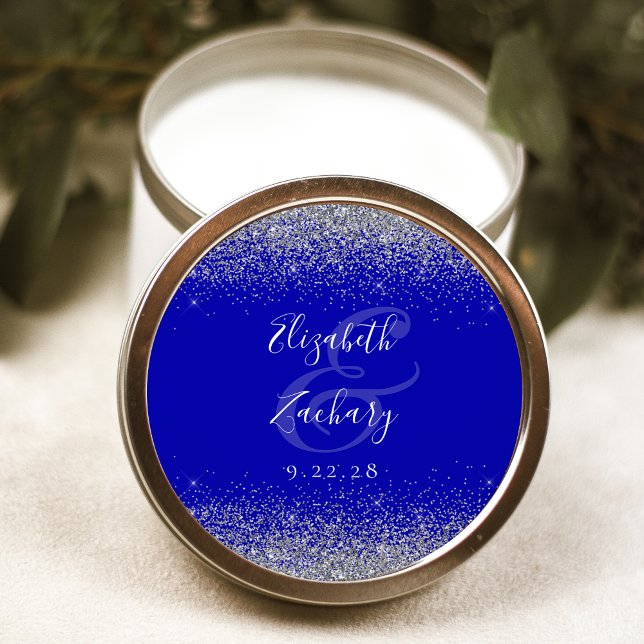 Moderne Royal Blue Silver Glitzer Edge Wedding Runder Aufkleber (Von Creator hochgeladen)