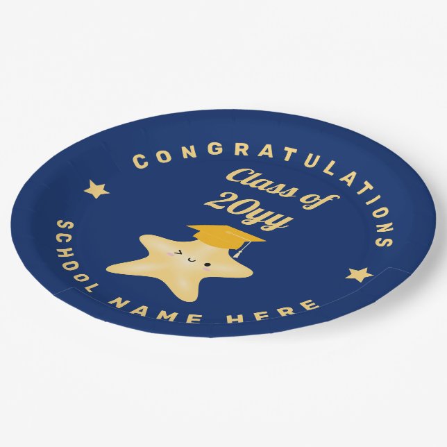Moderne Royal Blue und Gold Abschluss Star Pappteller (Schrägansicht)