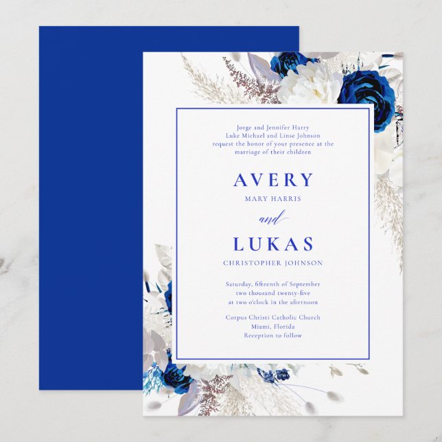 Moderne Royal Blue & White Blume Hochzeit Einladung (Vorne/Hinten)