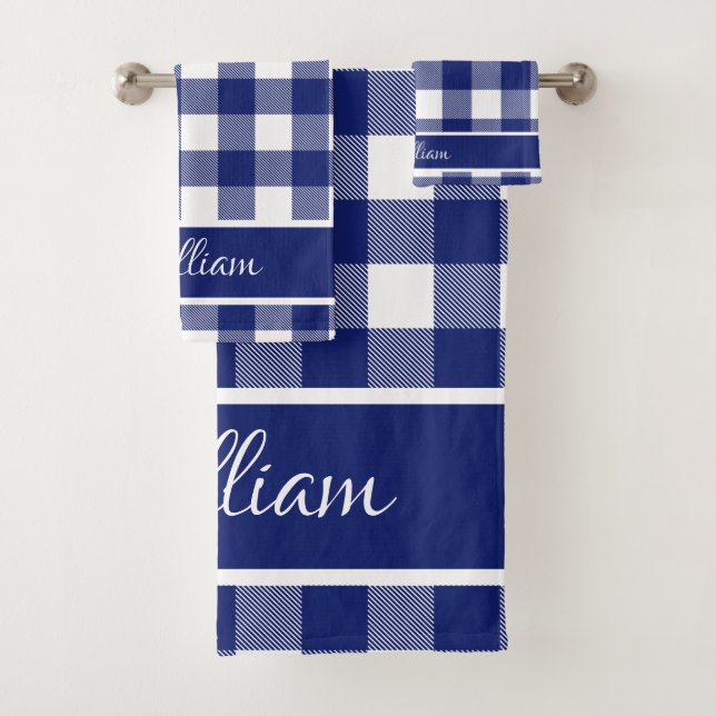 Moderne Royal Blue White Buffalo Karos Badhandtuch Set (Insitu)