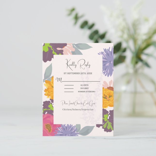Moderne RSVP-Karte für Abstrakte Blumenhochzeit Postkarte (Stehend Vorderseite)