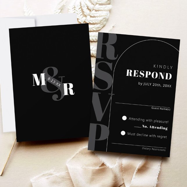 Moderne RSVP-Karte für Schwarz-Ampersand-Arch-Wedd RSVP Karte (Classy black arch matching modern wedding invitation RSVP card, ampersand monogram Dk gray and white)