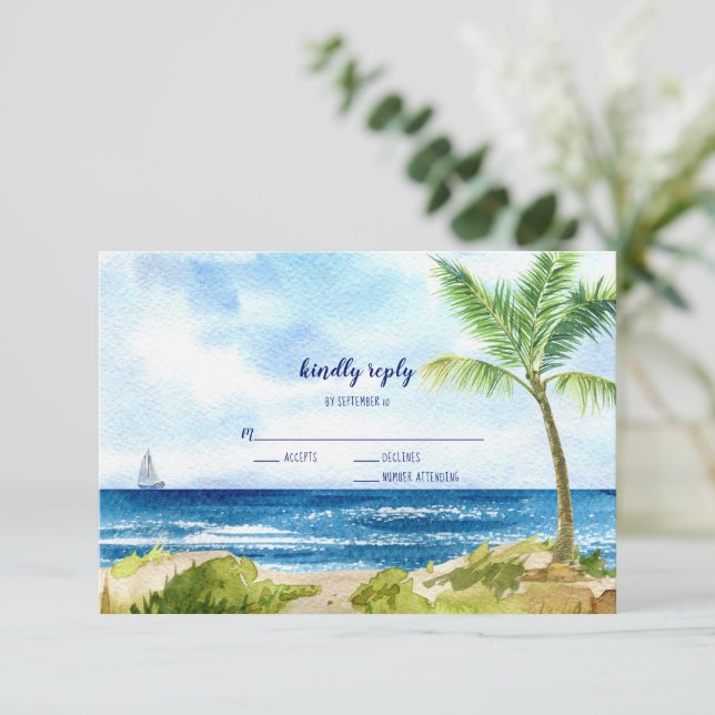 Moderne RSVP-Karte für Wasserfarbenstrände RSVP Karte (Stehend Vorderseite)